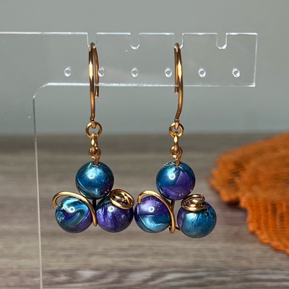 Hand Crafted Copper, Purple & Teal Beaded Earrings - Picture 1 of 3